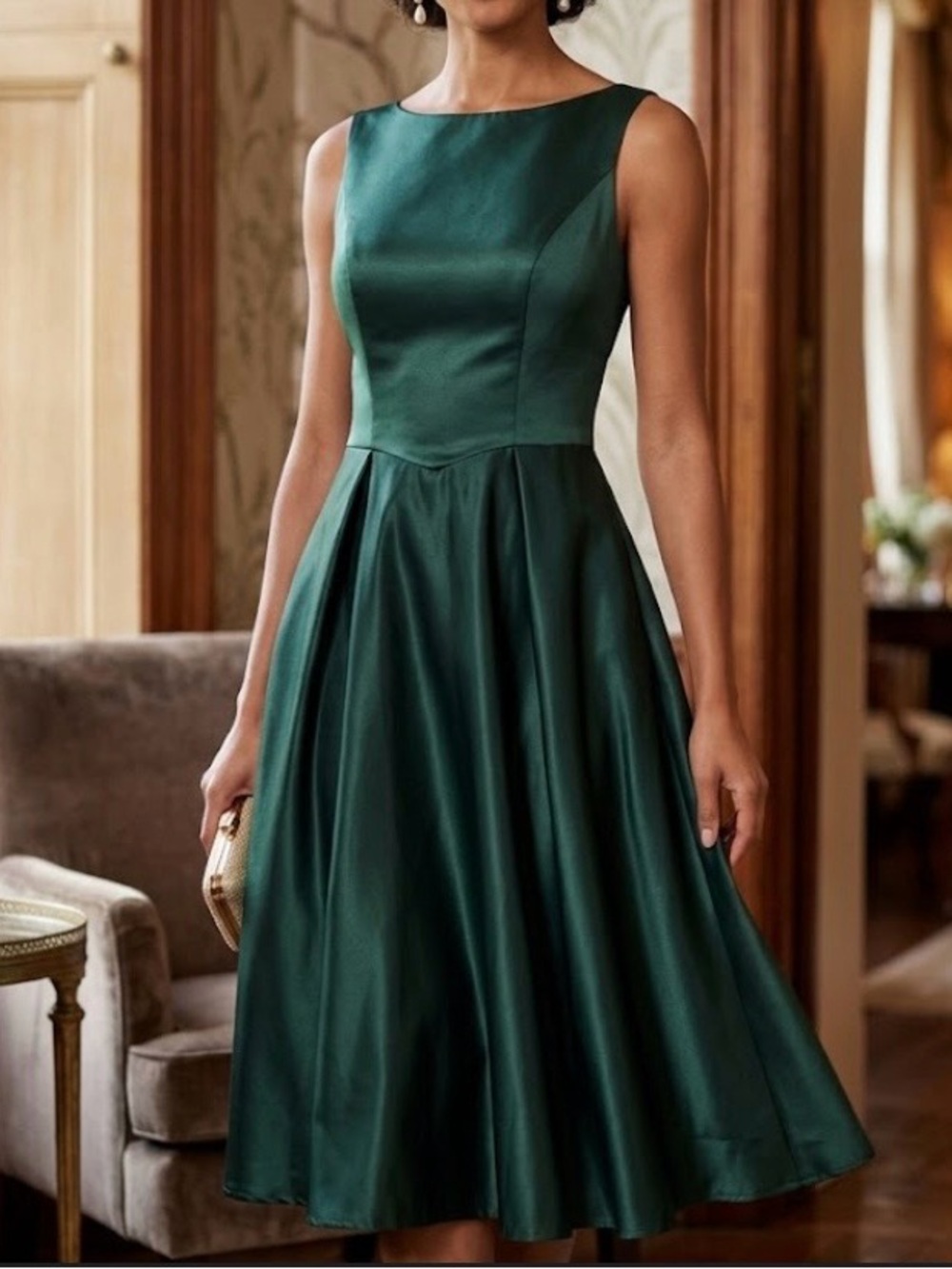 New Sleeveless Emerald Satin Fit & Flare Dress